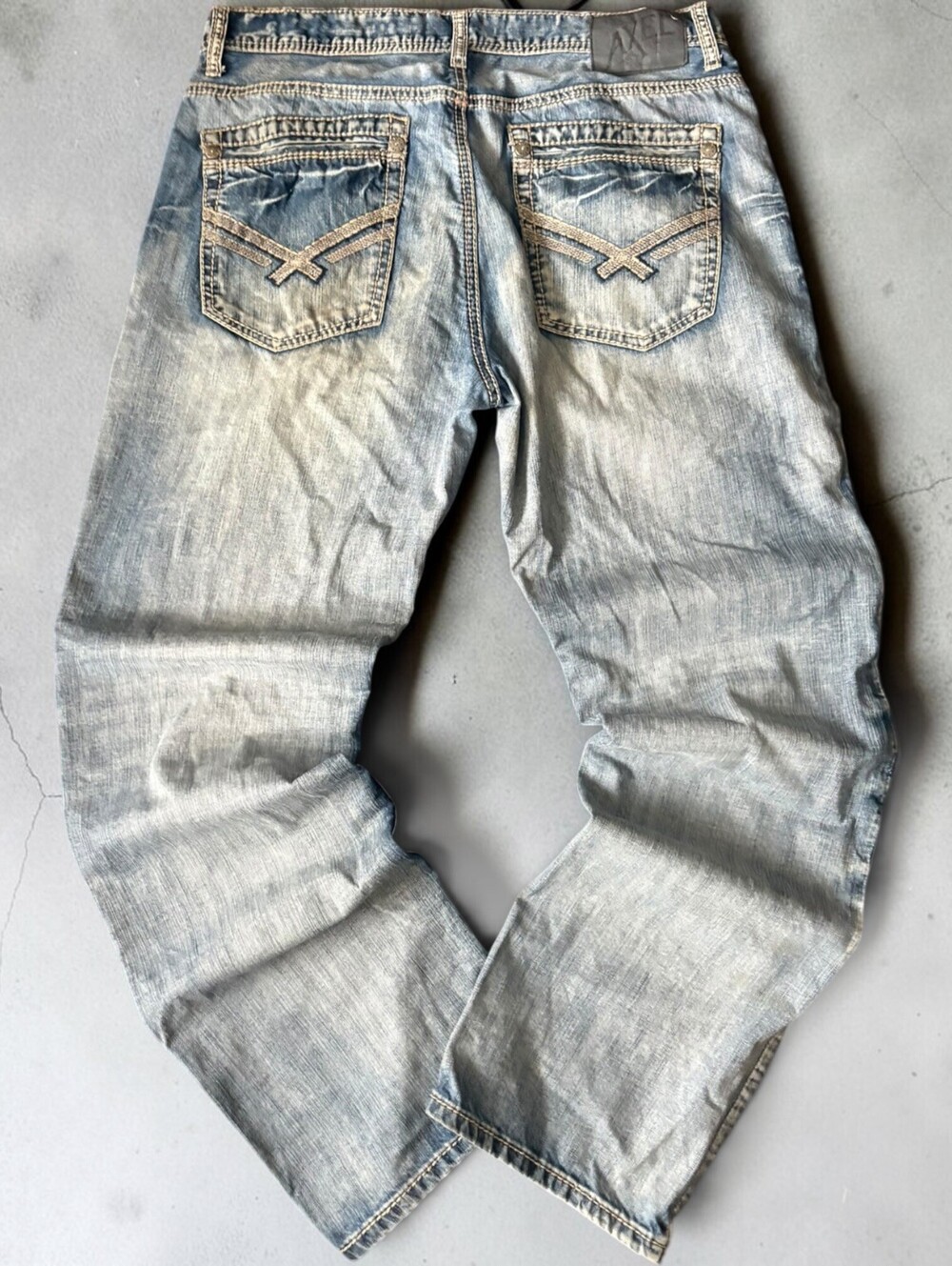 Y2K Axel Thick Stitch Bootcut Jeans 34x32 Distressed + Washed Skater Grunge Blue